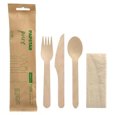 Produktbild von 500 Bestecksets, Holz pure natur : Messer, Gabel, Löffel, Serviette in Papierbeutel