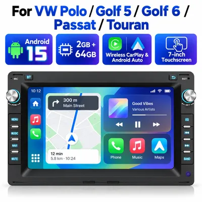 Zdjęcie produktu dla Radio samochodowe Android 15 z Carplay, 7 cali, kompatybilne z VW Polo, Golf 5, 6, Passat, Touran, z funkcjami: DAB+, GPS, Wi-Fi, Bluetooth, DAB+, sterowanie z kierownicy (SWC), USB, DSP, RDS, pamięć 2GB+64GB