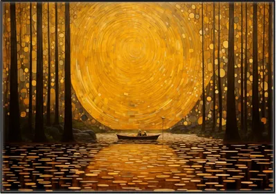 Produktbild von Wallario Wandbild Goldene Flussfahrt, Größe: 70,30 x 100,30 cm, Poster mit schwarzem Aluminiumrahmen