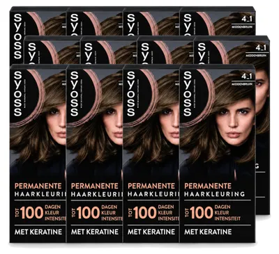 Imagen del producto de 12 unidades de tinte permanente para el cabello SYOSS, tono 4-1 Castaño Medio con Queratina, pack económico