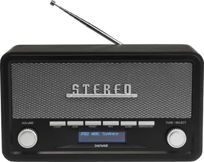 A black DAB radio with a silver speaker grille and antenna, shown from the front.