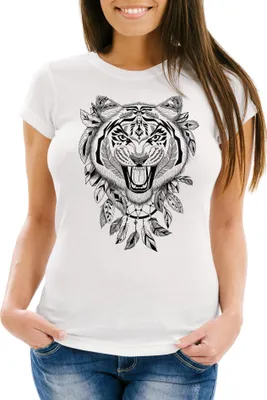 Produktbild von Damen T-Shirt Tiger Boho Zentangle Bohamian Atzec Federn Traumfänger Slim Fit Baumwolle Neverless® weiß XS