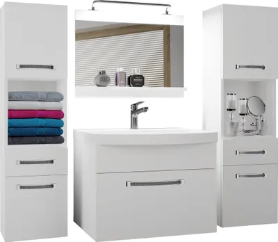Produktbild von Belini Badezimmermöbel Set Weiß Matt mit Waschbeckenschrank, 2 Hochschränken, Waschbecken, Spiegel, Lampe. Gefertigt aus Sanitärporzellan, ABS-Polymer, Metall. PRO+ System, Super Soft Touch, IP44 Wasserschutz, 230V. Maße: Waschbecken 605x400x165mm, Spiegel 600x500x117mm, Waschbeckenschrank 577x348x470mm, Hochschrank 300x320x1135mm, Lampe 438mm.