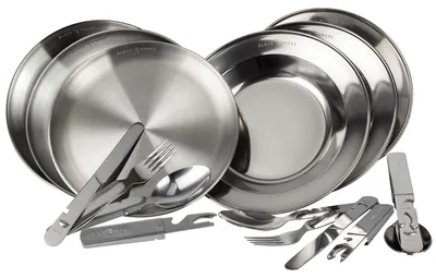 Produktbild von Edelstahl Teller Set - flach & tief mit Campingbesteck - robustes Essteller-Set für Outdoor, Camping, Trekking & Picknick 3 Personen-Set