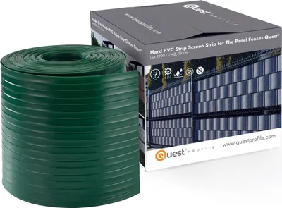 A roll of green PVC screening strip is shown next to its packaging box, which features an image of the product installed on a fence.
