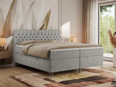 Produktbild von MKS MEBLE Boxspringbett 160x200, Bett 160x200 mit Matratze H3, Boxspringbett 160x200 mit Bettkasten und Topper, Polsterbett 160x200 Füße - GRIMALDI - 160x200 - Hellgrau Struktur - H3