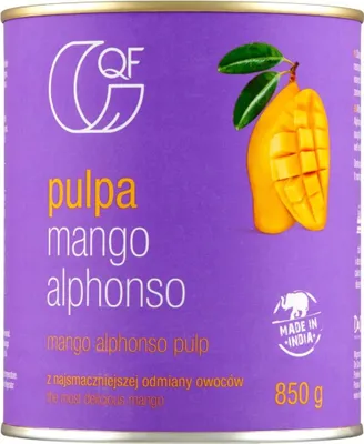 A can of mango pulp with an illustration of a mango on the label.