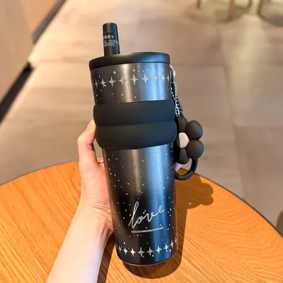 Produktbild von Edelstahl Thermobecher mit Deckel & Strohhalm - 316 Vakuum Isolierter Kaffeebecher To Go - Wiederverwendbare Reise-Wasserflasche für Damen - Schwarz