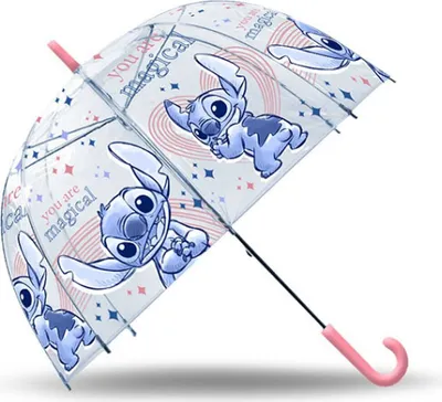 A clear umbrella with Stitch characters printed on it, shown from a diagonal angle against a white background.