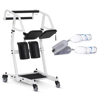 A white patient lift with black padding and accessories on a white background.