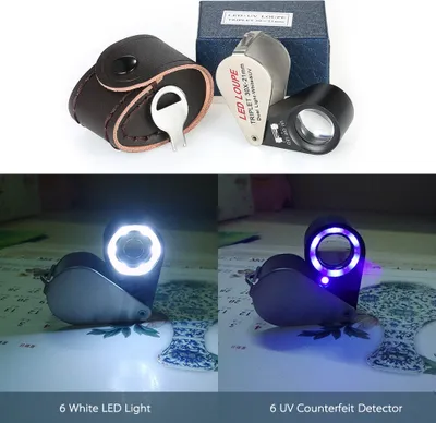 Imagen del producto de Lupa LED multifuncional portátil para joyería, 30X, con luz circular integrada en forma de 6 y detector de falsificaciones ultravioleta. Lupa de 21 mm con aumento de 6x, ideal para joyería