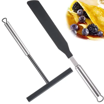Productafbeelding van Set van 2 crêpe-spatels, inclusief een T-vormige deegverspreider van roestvrij staal, geschikt voor pannenkoeken en crêpes. Keukenaccessoires voor het bakken