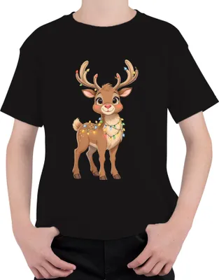 Produktbild von Weihnachtsrentier Lichterkette niedlich Cartoon Kinder Geschenk Uni Kinder T-Shirt, Schwarz, 140