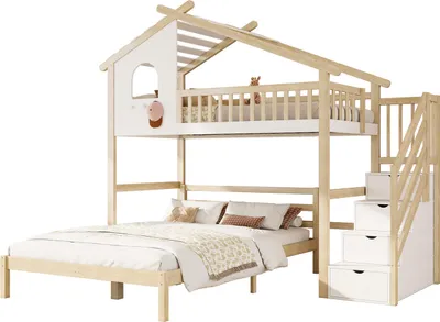 Produktbild von Hochbett, 90*200 cm, Bettgitter, Stauraumleiter, Fenster, Hausleiste, Unterbett 140*200 cm, Weiß + Natur