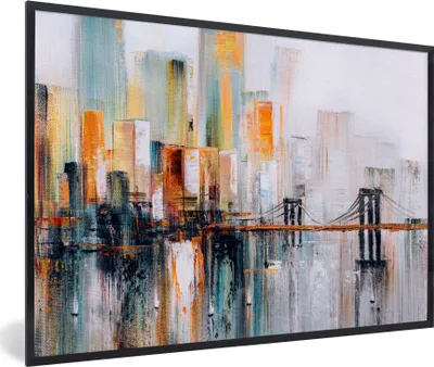 Produktbild von MuchoWow® Gerahmtes Poster Ölgemälde - Skyline - Abstrakt 90x60 cm - Poster mit Schwarzem Bilderrahmen Wandposter Rahmen Foto Bilder - Fotorahmen - Foto-Plakat