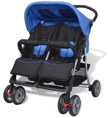 Produktbild von Baby Zwillingswagen, Geschwisterkinderwagen, Kinderwagen, Zwillingskinderwagen, Geschwisterwagen, Zwillingsbuggy, Stahl Blau und Schwarz