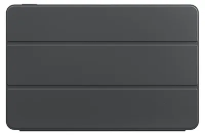 A close-up, top-down view of a gray tablet case with three horizontal folds.
