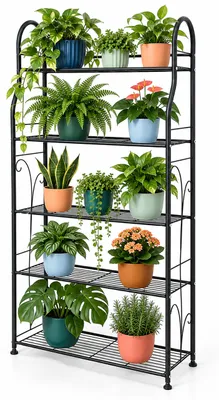 Produktbild von Relaxdays Blumenregal mit 5 Ablagen, HBT: 144 x 71 x 24,5 cm, Blumen- & Pflanzentöpfe, Metall, Pflanzentreppe, schwarz, KI-generiertes Bild