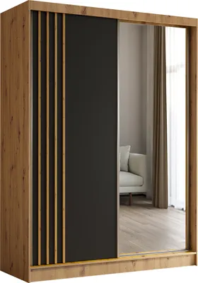 Produktbild von ALTDECOR Kleiderschrank mit Spiegel und Schiebetüren, kugelgelagerte Führungsschienen und Aluminium-Leisten - NALLA - 160 cm (Artisan + Schwarz + Artisan)
