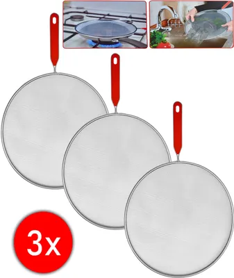 Produktbild von 3er Set Pfannenspritzschutz Ø 29 cm – Spritzschutzdeckel aus Edelstahl mit Griff – Fettspritzschutz für Pfannen und Töpfe – Spülmaschinenfest