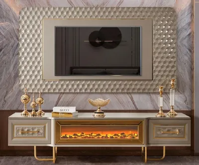 Produktbild von Casa Padrino Luxus Art Deco TV Schrank Set Grau / Gold - Wohnzimmer Sideboard mit LED Elektrokamin & TV Rückwand - Art Deco Möbel - Wohnzimmer Möbel - Luxus Möbel - Luxus Einrichtung