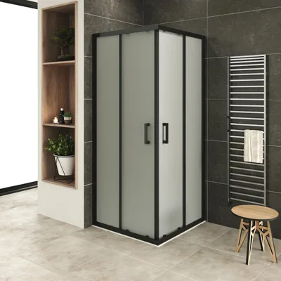 A modern bathroom with a corner shower cabin, a towel rack, and a small wooden stool.