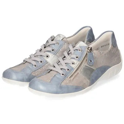 A pair of blue and gray leather sneakers with a side zipper and laces, presented on a white background.