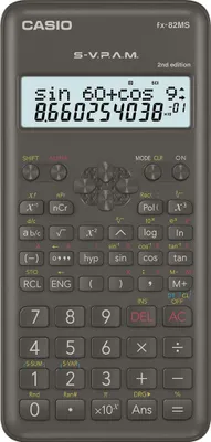 A close-up, front-facing view of a Casio FX-82MS scientific calculator.