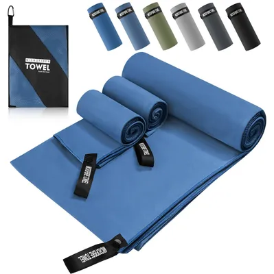 Produktbild von Mikrofaser Handtuch 3er Set, Mikrofaser Handtuch Groß 200x100cm & Mikrofaser Handtücher 2 Klein 80×40cm, Schnelltrocknend und Leicht, Ideal als Sporthandtuch, Strandtuch, Reisehandtuch (Marineblau)