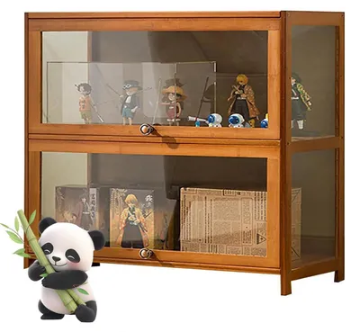 Image de Vitrine à 2 étagères, couleur marron, dimensions 73x80x33 cm, en verre, acrylique et bois