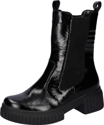 A black patent leather ankle boot with a thick sole and elasticated side panels, shown from a side view against a white background.