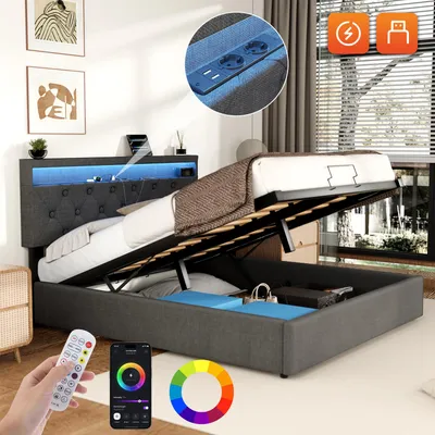 Produktbild von OYAJIA  Polsterbett 140x200cm mit Ladefunktion (USB&Typ-c), Jugendbett Doppelbett Stauraumbett mit LED, Hydraulisches Boxspringbett, Leinen, Grau