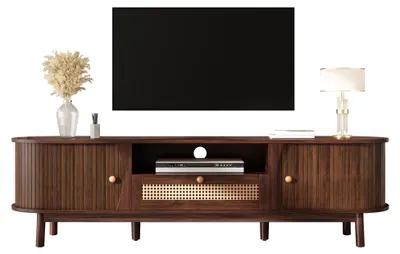 Immagine prodotto di Mobile TV Moonbite, aspetto rattan, 165 cm, pensile con cassetti, gambe in legno massello, spazio contenitivo in stile rustico per il soggiorno, pannello MDF, noce
