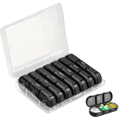 Produktbild von Tablettenbox, wöchentliche Organisation, tragbarer Medikamentenspender, Transparent-Schwarz