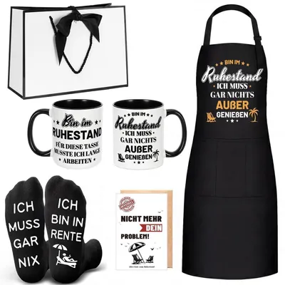 Immagine prodotto di Set regalo per il pensionamento, composto da 5 articoli per uomo: grembiule, tazza, calzini, biglietto e sacchetto regalo