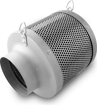 A close-up studio shot of a cylindrical air filter with a perforated metal body and a conical inlet.