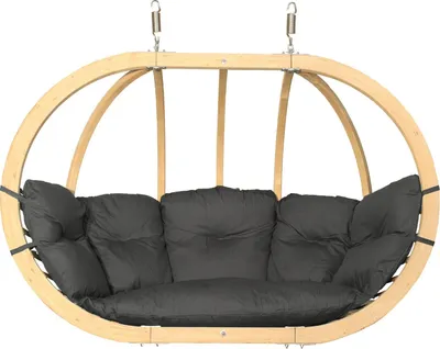 A wooden hanging chair with dark gray cushions, shown against a white background.