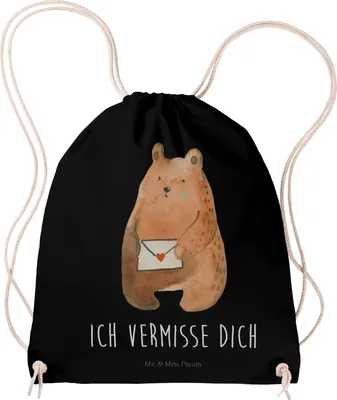 Produktbild von Mr. & Mrs. Panda Stoffbeutel Bär Liebesbrief - Schwarz - Geschenk, Turnbeutel, Kleiner Rucksack, wander, Liebeskummer, Partner, Sportbeutel, Freund, Freundin, Teddy