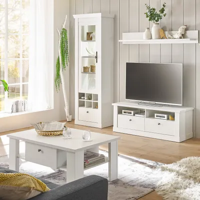 Produktbild von Wohnmöbel Set in Pinie weiß mit Couchtisch und LED-Beleuchtung, 4-teilig, Landhaus-Stil - RAPLA-61