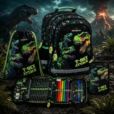 Produktbild von 3in1 Dinosaurier SCHULRUCKSACK SCHULRANZEN Set Ranzen Federmäppchen Turnbeutel fur jungen T-REX DINO Tyrannosaurus, KI-generiertes Bild