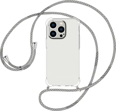 Produktbild von Handykette Backcover-Schutzhülle mit Band (Metall silberfarben) für Apple iPhone 15 Pro Max - weiß/grau kariert