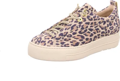 A single leopard print sneaker on a white background.