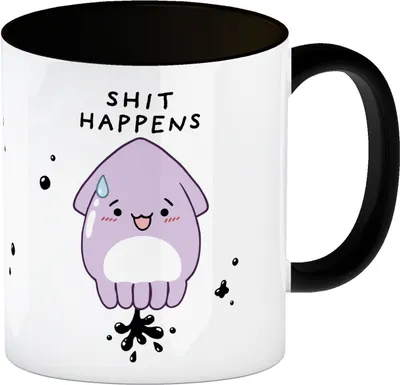 Produktbild von Jelly & Friends Tintenfisch Kaffeebecher in schwarz mit Spruch Shit happens