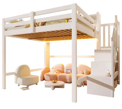 Produktbild von Hochbett mit RGB LED-Streifen, Stauraum, Lattenrost, Rausfallschutz und Regal, Treppe mit Regal, 140x200 cm, Kinderbett, Kiefer