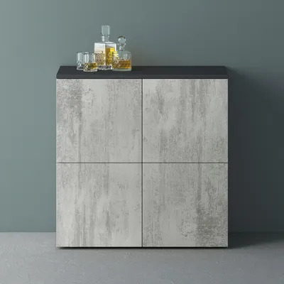 Produktbild von Mai & Mai Möbel Kommode Aufbewahrungsschrank mit 4 Türen in Anthrazit matt + Beton Sideboard Schrank Mehrzweckschrank BTH: 76x36,4x74cm Schrank04