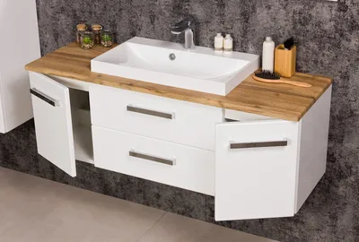 Produktbild von Quentis Badmöbelset SUSAN, 120 cm, weiß/ eiche, Waschtischunterschrank montiert