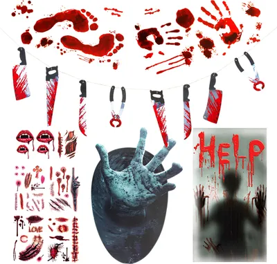 Produktbild von Oblique Unique Halloween Deko Set - Girlande + blutige Aufkleber / Sticker +  Narben Wunden Tattoos für Halloween
