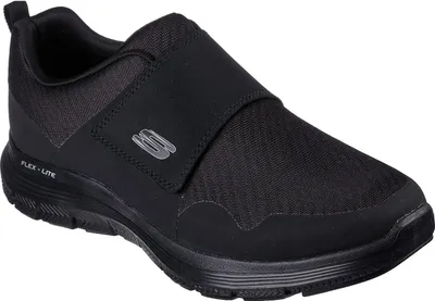 A black Skechers shoe on a white background.
