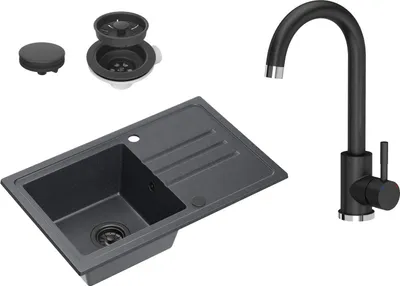 Immagine prodotto di VBChome Lavello in granito nero con rubinetto 70 x 44 cm Lavello da incasso a vasca singola Maculato Reversibile Lavello in granito nero Sifone Lavabo nero Rubinetto