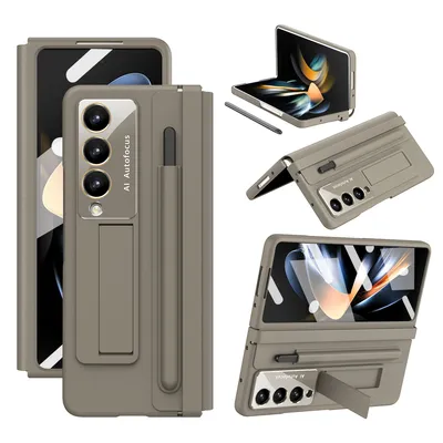 Obrázek produktu pro Kožené pouzdro na Samsung Galaxy Z Fold 4 5G s koženým pantem, ochranou displeje, stojánkem a držákem na stylus hnědé